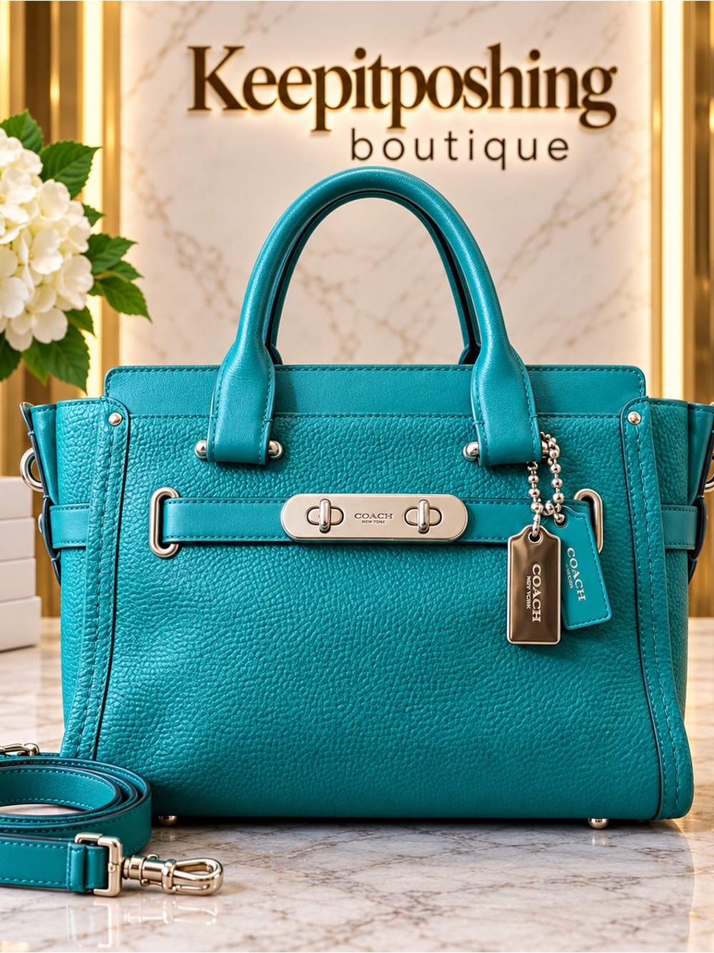 Coach Green Pebbled Leather Satchel with Removable Strap